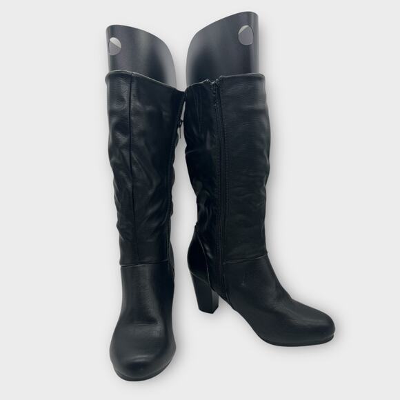Forver 21 Black Knee High Faux Pebbled Leather Heeled Size Zip Boots Size 8 - Picture 1 of 8